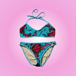 Xhilaration Women's Blue and Red Floral Print Bikini Sets